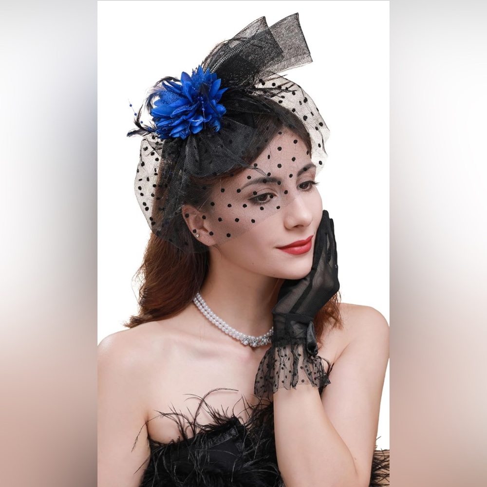Chic Black Polka Dot Veil Fascinator with Blue Flower